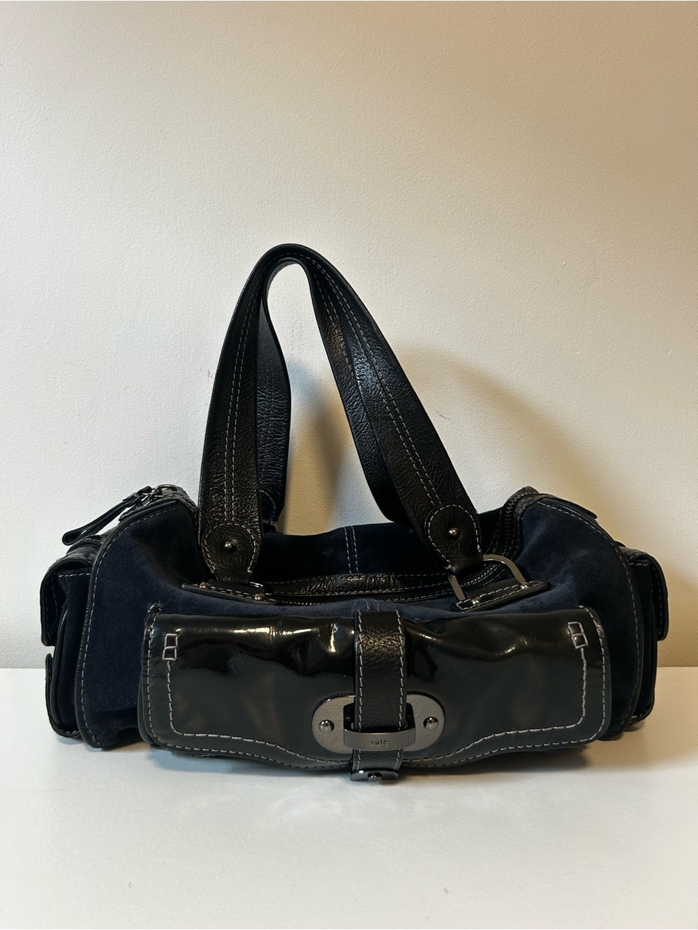 Y2K vintage Rafe Black Leather and Patent Trim Shoulder Bag